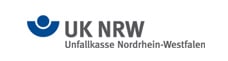 Logo der Unfallkasse Nordrhein-Westfalen. Ein blauer Halbkreis und ein blauer voller Kreis als Signet stehen davor.